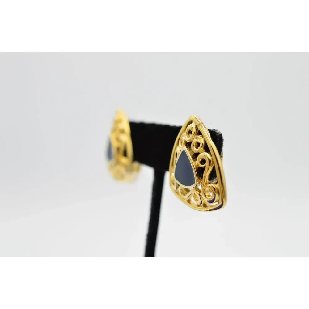 Vintage Triangle Clip Earrings Gold Tone Navy Blue Enamel Geometric NOS 1980s W4